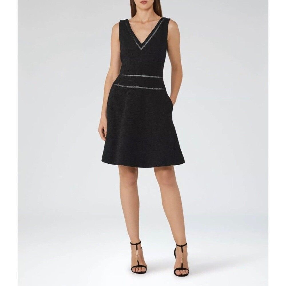 Reiss Nelly Textured V-Neck Dress Black Elegant Cocktail A-line Pockets Size 6